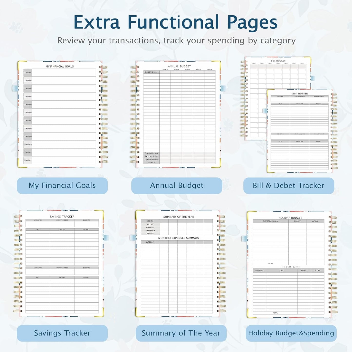 Ospelelf Undated Budget Planner with Clipboard Large Weekly Monthly Account Planners with Stickers 12 Months Productivity Aesthetic Journey Blue Floral