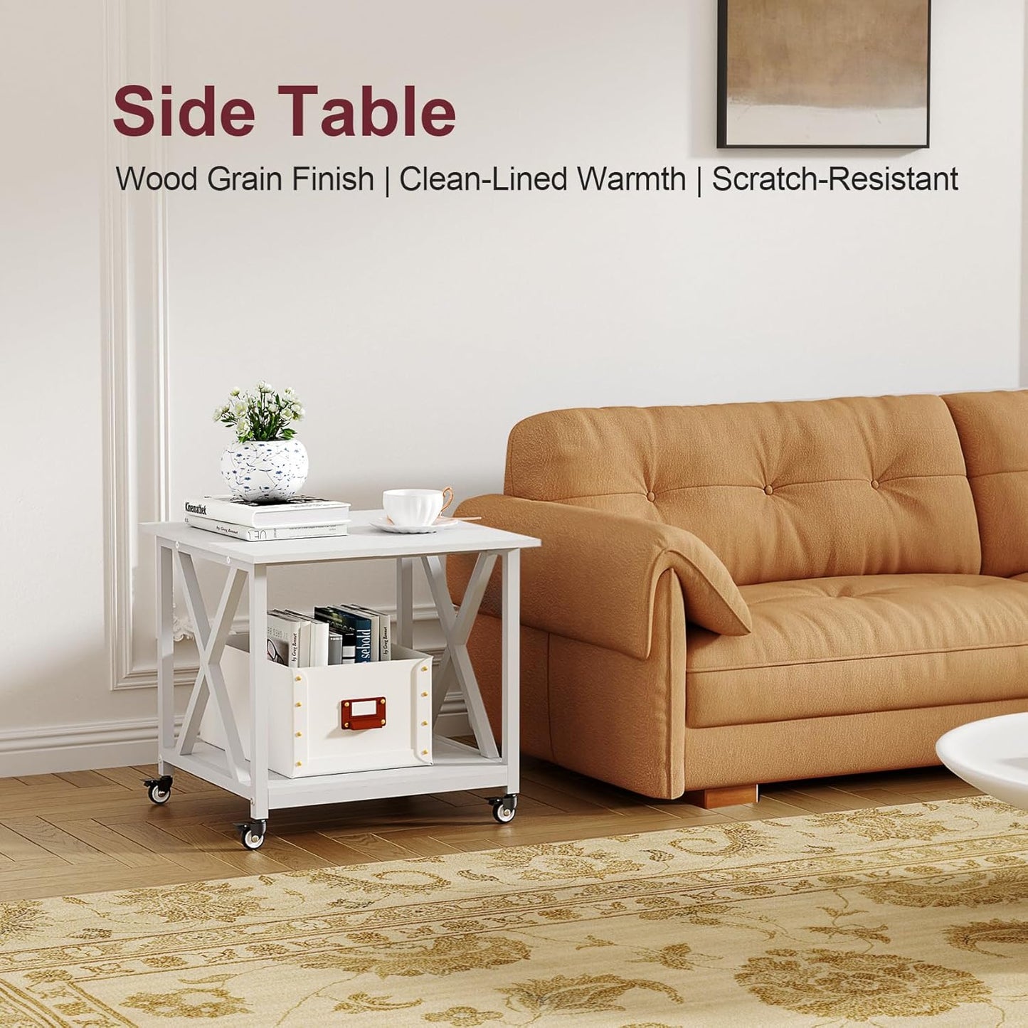 2 Tier White Printer Stand, 23.6 x 23.6 Inches Large Printer Table with Storage Shelf, Rolling Printer Cart with Wheels, Mobile Table for Home Office (White)