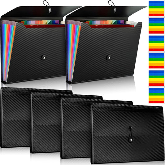 Patelai 6 Pack File Folder Organizer 13 Pocket Expanding File Folder A4 Letter Size Paper Document Receipt Organizer with Labels and Colored Inside Pages for Classroom, Home, Office and Travel, Black