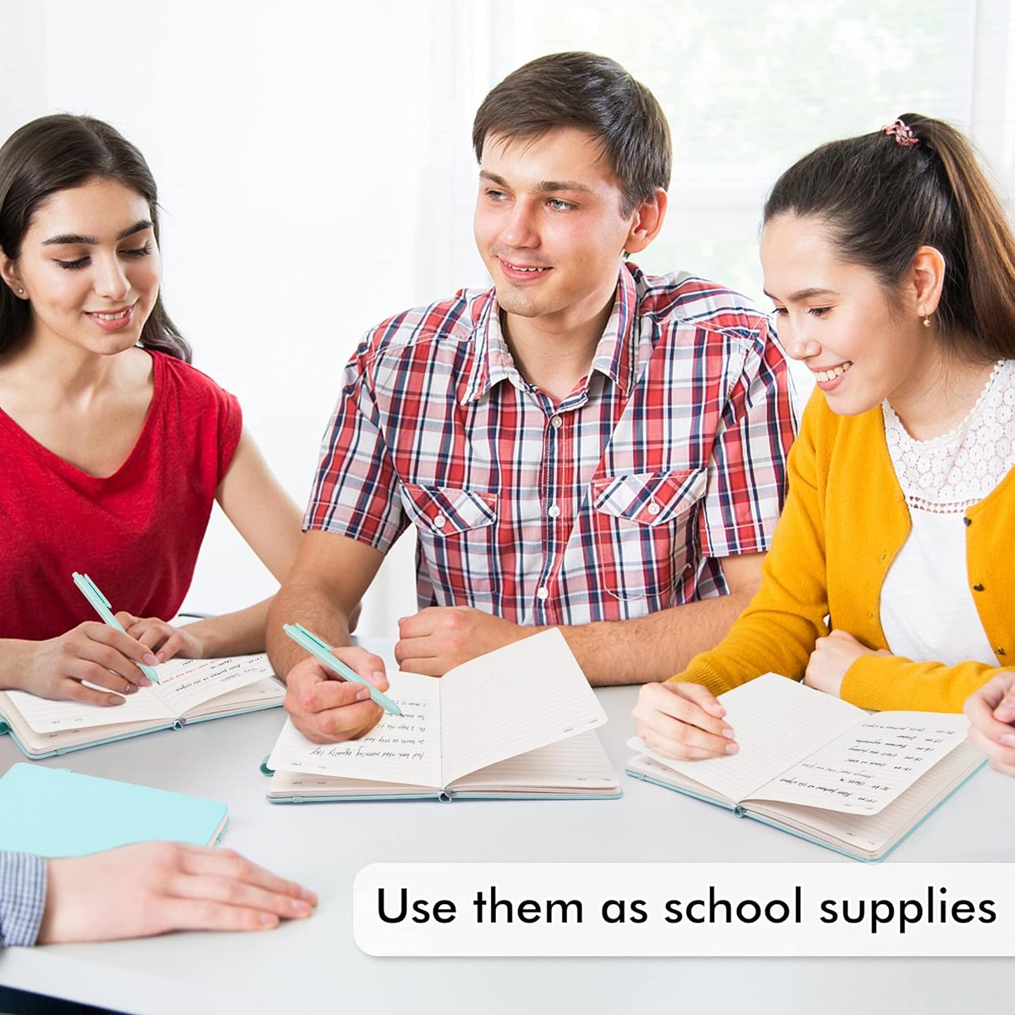 feela 5 Pack Notebooks Journals Bulk, Hardcover Notebook Classic Ruled Lined Journals with Pen Holder for Women Girls School Business Supplies, with 5 Black Pens, 120 GSM, 5.1”x8.3”, A5,Sky Blue