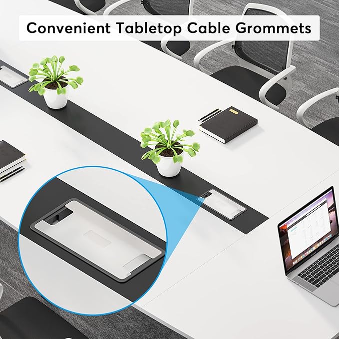 Tribesigns 8FT Conference Table, 94.48L x 47.21W x 29.52H Inches Boat Shaped Meeting Table with Rectangle Grommet, Modern Seminar Table for Office Meeting Conference Room (White & Black, 8ft)