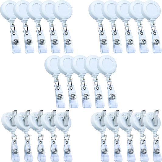 25 Pack Retractable Badge Reels with Clip, Retractable Id Badge Clip with Clear Vinyl Strap & Alligator Swivel, No Twist Dispenser (White)