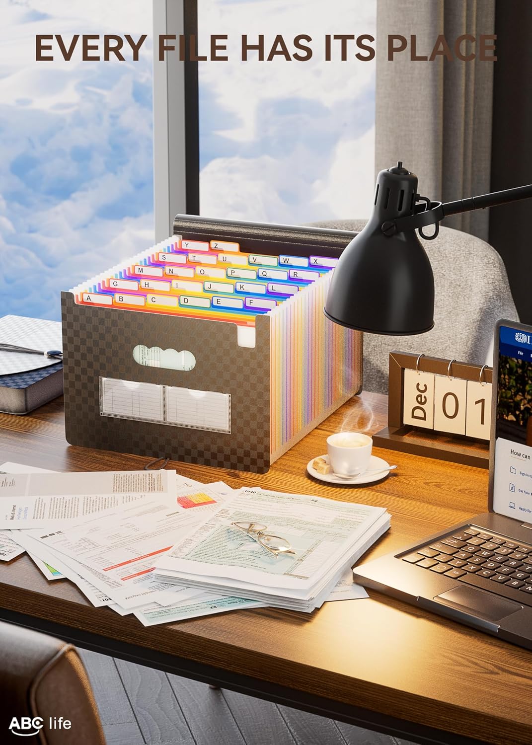 ABC life 26 Pockets Accordion File Organizer, Expanding File Folders, Portable Monthly Bill Receipt Organizer with Colorful A-Z Tabs, Desktop Folders Letter A4 Paper Document Storage for Home Office