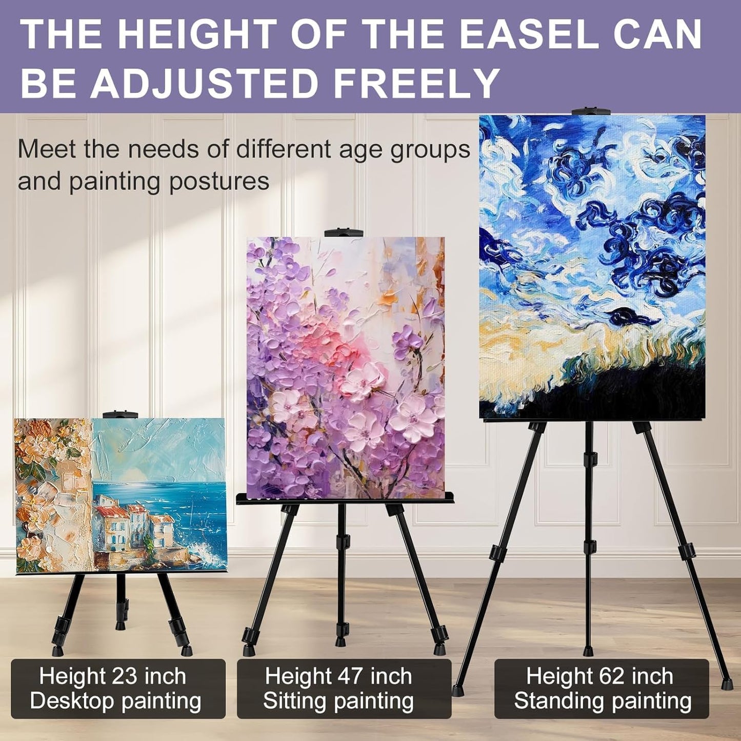 AROIC Art Painting Artist Easel Stand, Painting Display Easel Stand,Portable Adjustable Iron Tripod Display Stand with Bag, Height from 20 to 66 in for Table-Top/Floor Drawing and Displaying(2 Pack)