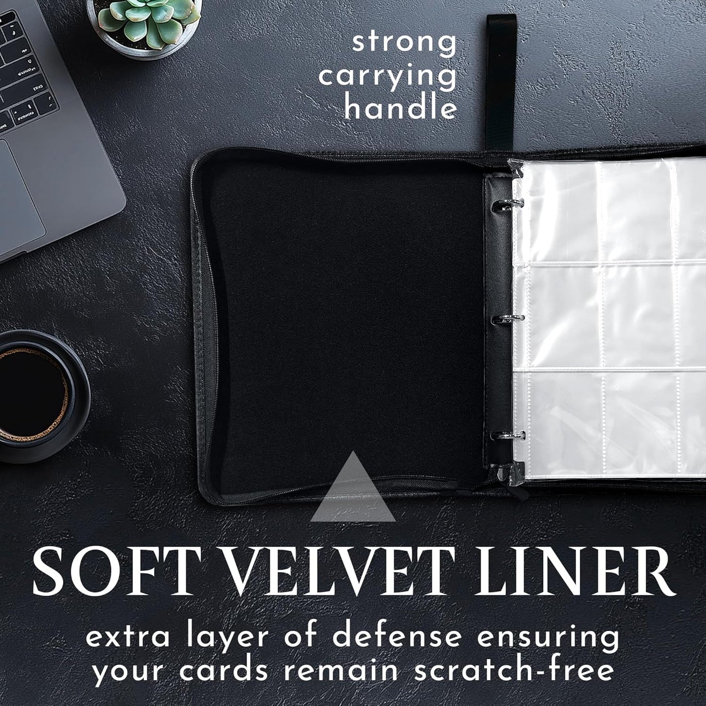 Premium Black Trading Card Binder – 13" x 10.5" PU Leather with Zipper, 50 Double-Sided 9-Pocket Sheets (900 Cards) – Velvet Liner – Includes 2 Acrylic 35PT Card Protectors