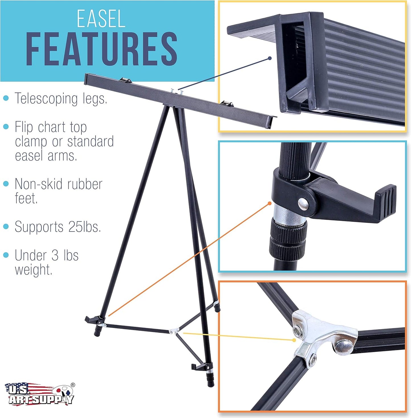 U.S. Art Supply 66" High Boardroom Black Aluminum Flip Chart Easel & Presentation Stand (4 Pack) - Adjustable Floor/Tabletop, Portable Tripod, Holds 25 lbs., for Chart Paper, Poster Boards, & Pads
