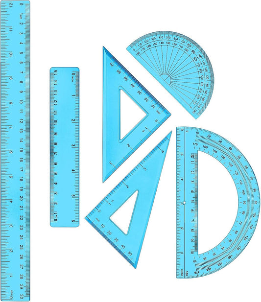 Tenare 1 Set Plastic Clear Math Set Includes Protractor Triangle Rulers 12 Inch 6 Inch Straight Geometry Math Transparent Ruler Measuring Tool for School Office Home Supplies(Blue)