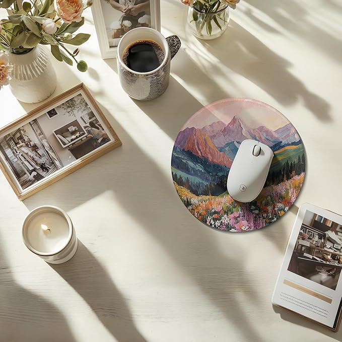 Boho Mountain Mouse Pad, Colorful Floral Watercolor Wildflower Nature Landscape Mousepad for Computer Laptop Office Desk Accessories,7.9x7.9,C069