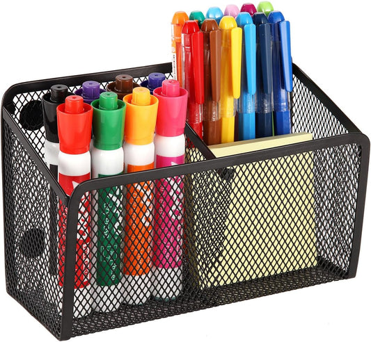 Magnetic Pencil Holder - Extra Strong Magnets Mesh Marker Holder Perfect for Whiteboard, Refrigerator and Locker Accessories (2 Baskets, 1 Pack Black)
