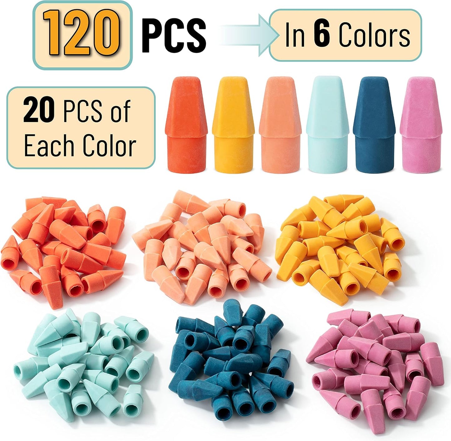 Mr. Pen- Pencil Eraser Toppers, 120 Pack, Vintage Colors, Cap Erasers, Pencil Top Erasers, Eraser Tops