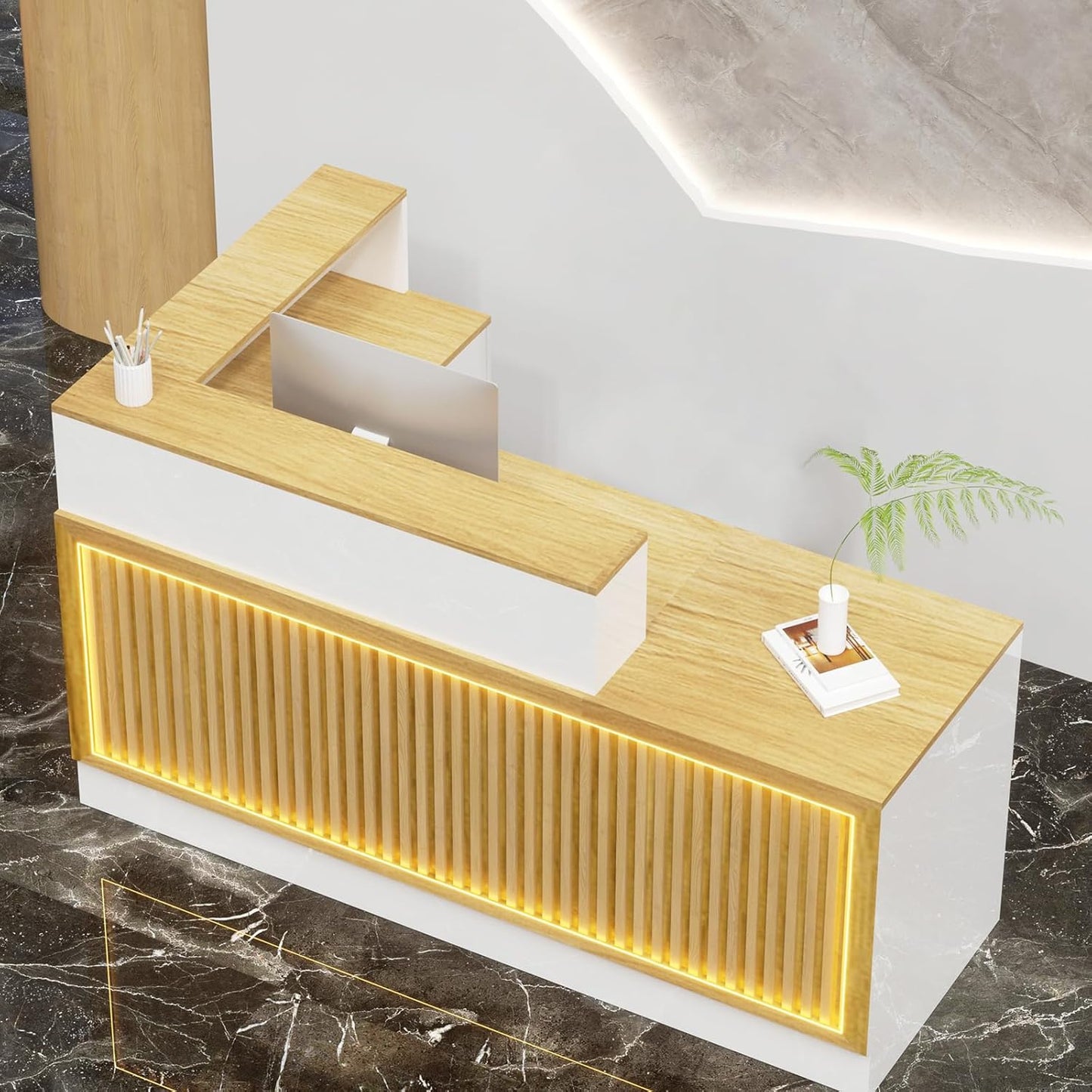 L Shaped Reception Desk, Solid Wood Front Desk with Counter & Lockable Drawers, Retail Checkout Customer 2 Person Secretary Desks for Home Office Lobby Store (63in,Right)