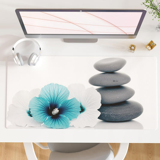 QIYI Desk Pad, Non-Slip PU Leather Desk Blotter Protector, Kids Floral Print Waterproof Computer Desk Mat, Thick Home & Office Large Keyboard Mouse Pad 31.5" x 15.7" - Pebbles & Blue White Flowers