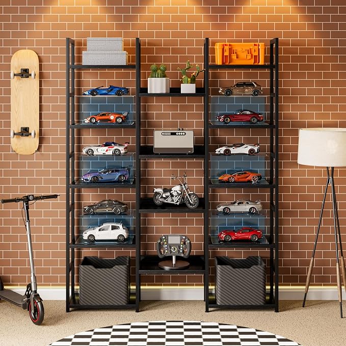 OTK Triple Column 5 Tier Bookshelf, Large Bookcase with 14 Open Display Shelves, Adjustable Industrial Book Shelf with Baffles, Wide Bookshelves for Bedroom, Living Room and Home Office, Black