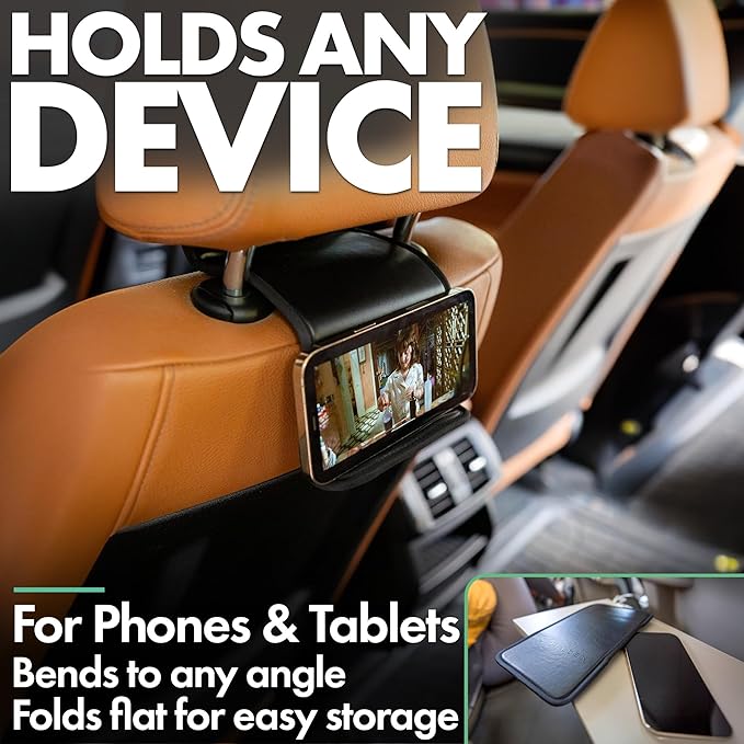 Folden Airplane Phone Holder, Flexible Cell Phone Holder, Folding Cellphone Stand for Desk, Bed, Office, Treadmill - Airplane Gadgets for Long Travel Accessories - Plane Essentials (Vegan Leather)