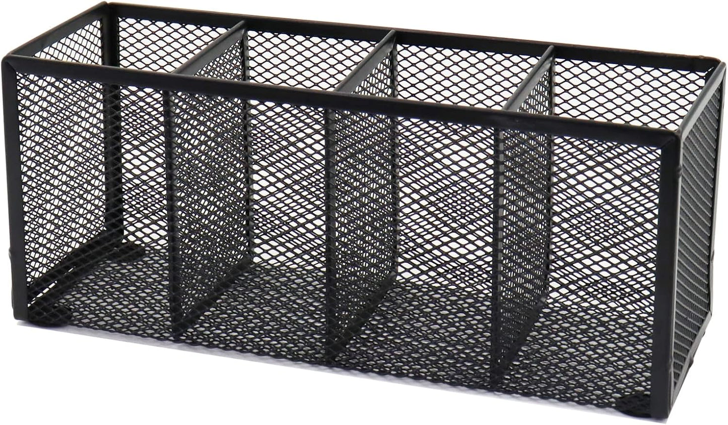 Black Mesh Pen Holder, Metal Desk Organizer Desktop Stationery Office Supplies Acessories Storage Stand, 4 Compartments Pencil Organizer Brushes Holder for Home School Classroom Teachers