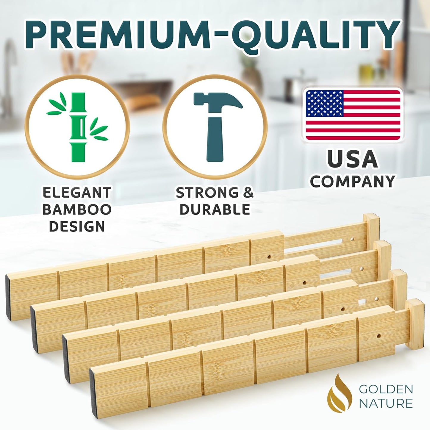 Bamboo Drawer Organizer - with Inserts & Labels, 17-22" - Adjustable Spring Loaded Kitchen Dividers for Utensils & Junk Storage - Expandable Silverware Separators for Organization