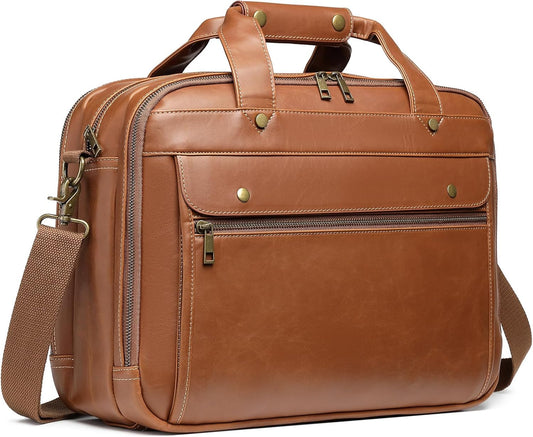 Leather Briefcases for Men 15.6 Inch Laptop Messenger Bag with Triple Compartments Water-Resistant Computer Shoulder Bag for Business, Travel, Work, Office, Coffee