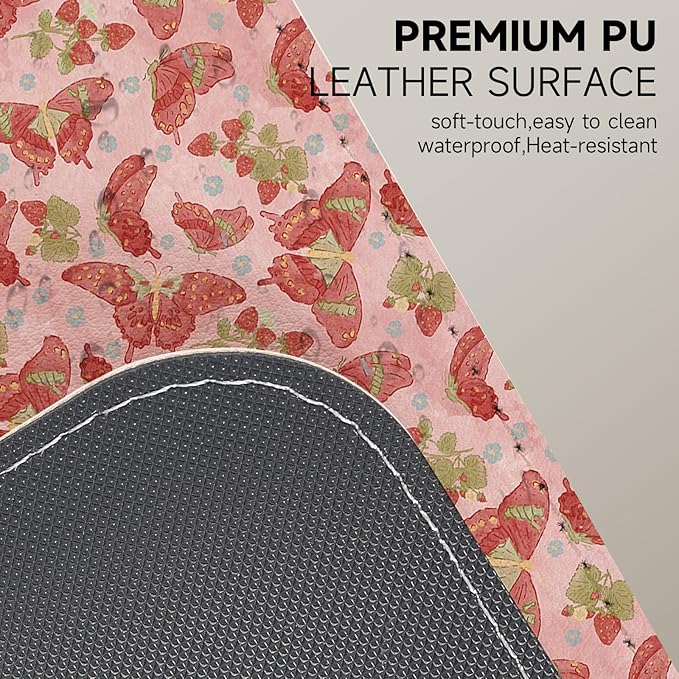 Botanical Floral Desk Pad Blotter,Large Mouse Pad 35 x 17in,PU Leather Desk Mat Writing Pad Protector, Non-Slip Waterprrof,Desktop Decor for Home Office Women Girls (Pink Stawberry Butterfly)