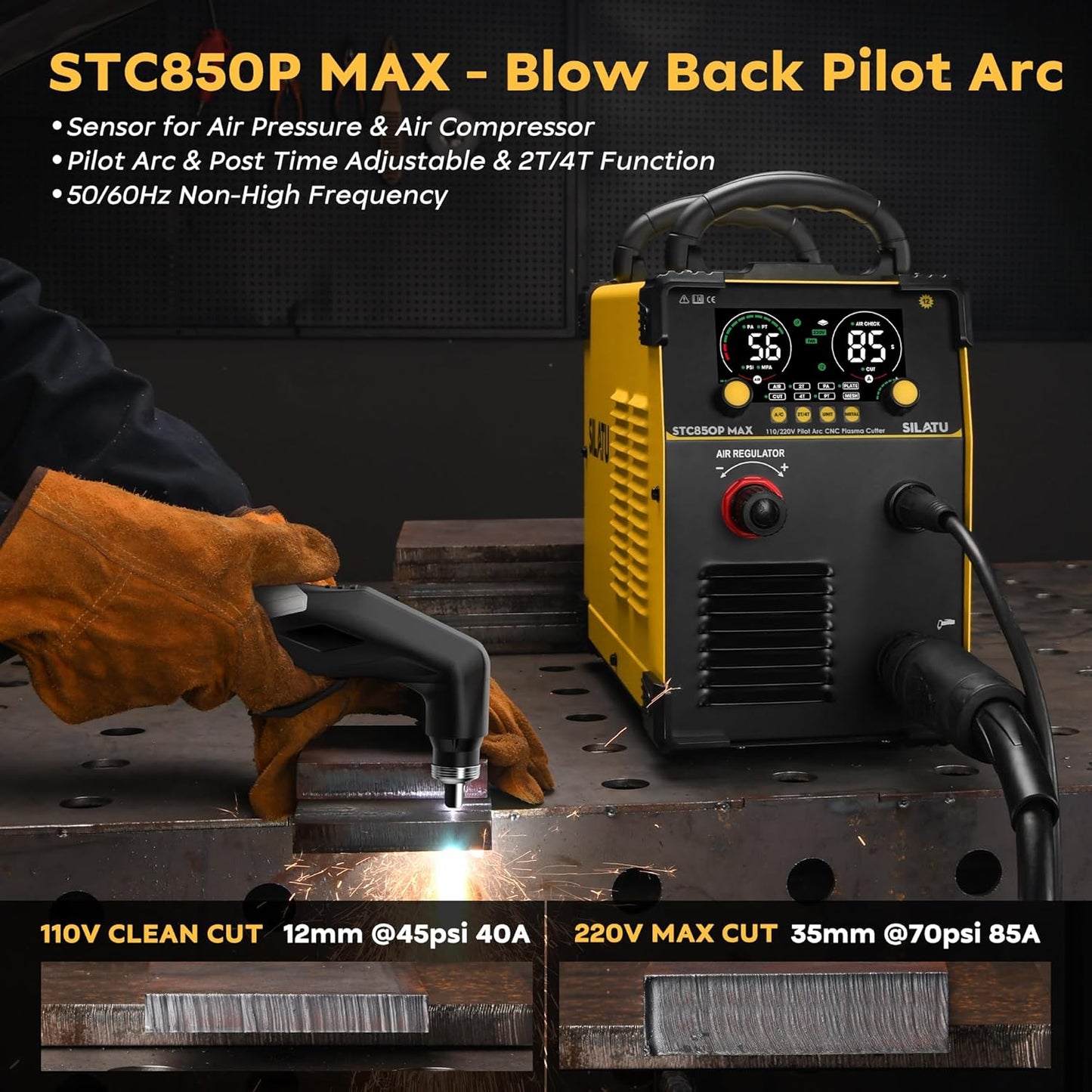 SILATU CNC Plasma Cutter Machine, 85Amp Blow Back Pilot Arc Air Sensor Technology, Large Screen Display,110V/220V Dual Voltage Non-Touch CNC Plasma Cutting Machine, 1 Inch Cutting Thickness
