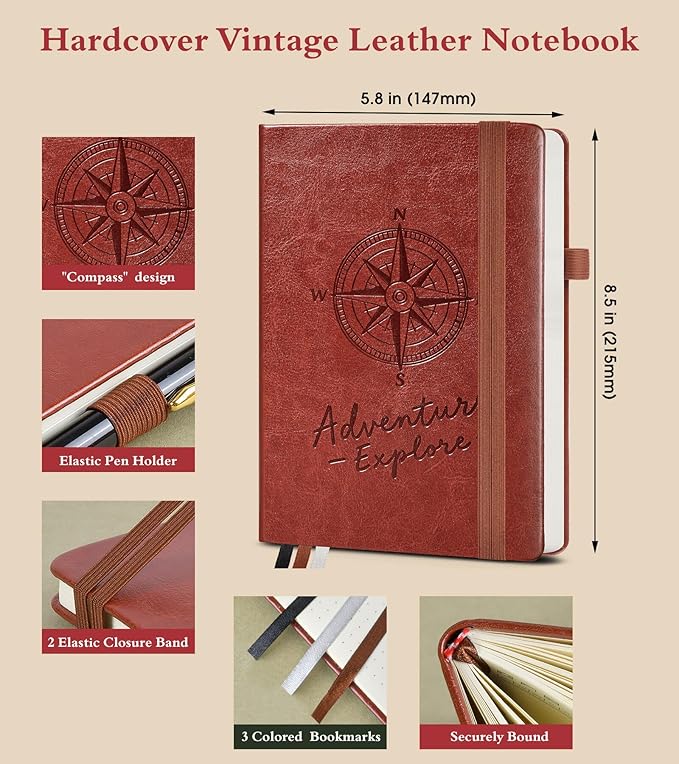 Dotted Journal Notebook for Women Men, 160 Pages Dot Grid Paper,Inner Pocket, A5 Hardcover Vintage Leather Notebooks for School, Work, Travel, Note Taking，Bullet Journaling 5.8"x8.5" (Brown)