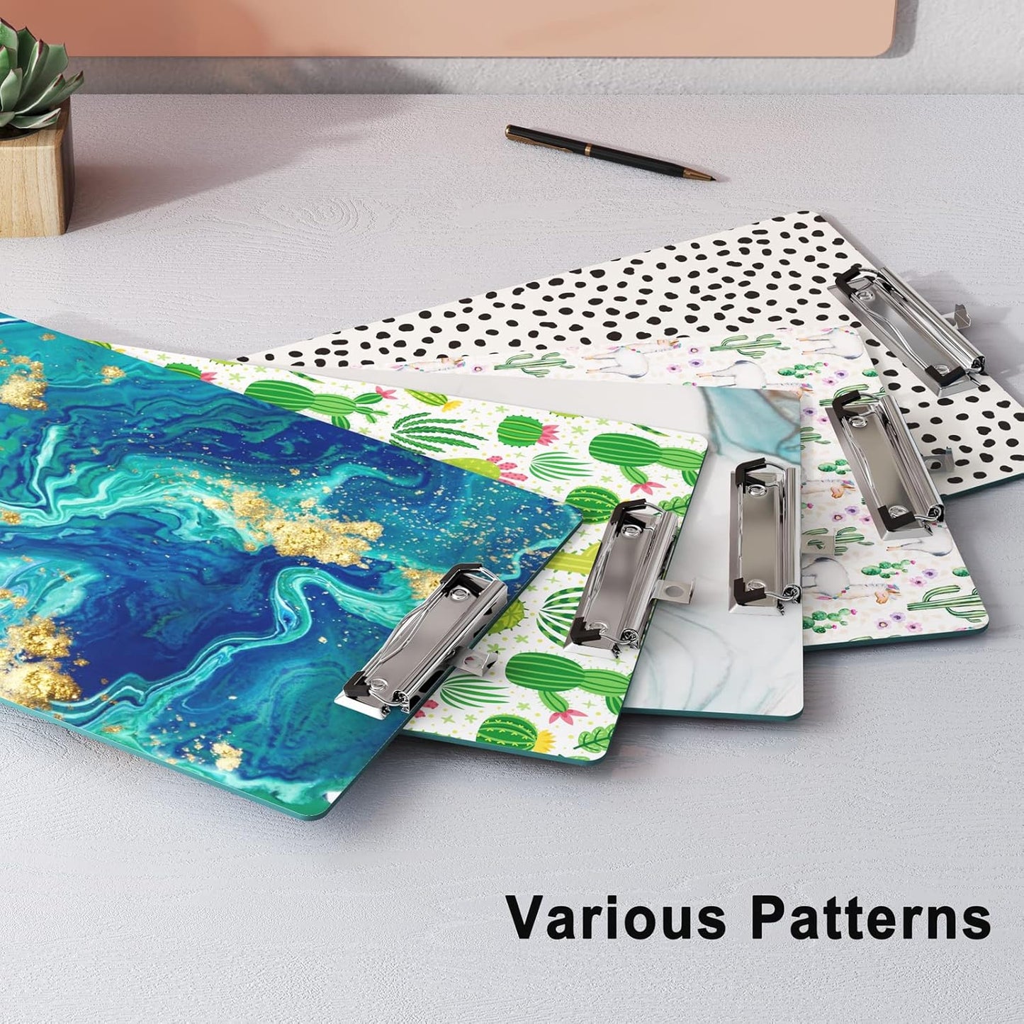 Clipboard Wood Design Decorative A4 Letter Size Clip Boards for Classroom Office, Standard Size 9" x 12.5" with Low Profile Metal Clip - Blue Gold Marble