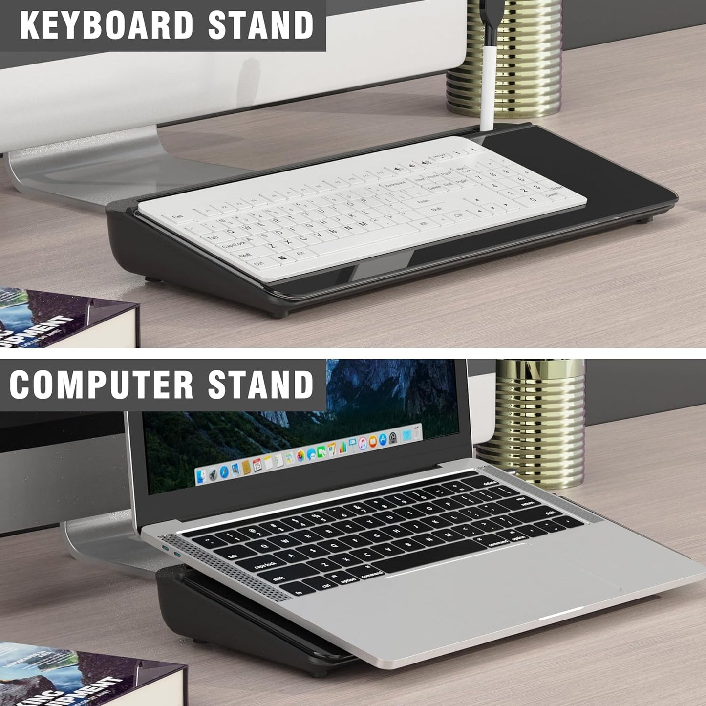 SELEAD Desktop Glass Whiteboard with Organizer, Markers, Eraser - Dry Erase Board Computer Pad Keyboard Stand with Drawer and Holder for Home, School, Office - Black