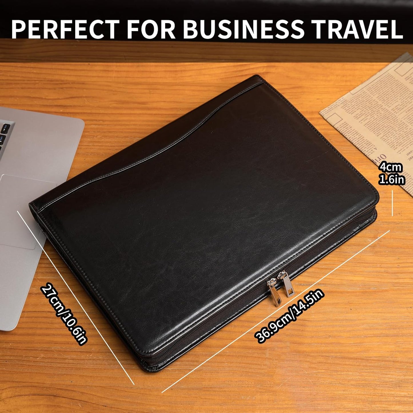 Personalized Vegan Leather Portfolio, Legal Size 8.5 x 14 Pad Holder, Custom Business Padfolio for Men Women, Zippered Laptop Organizer, Professional Notepad Folio, Black