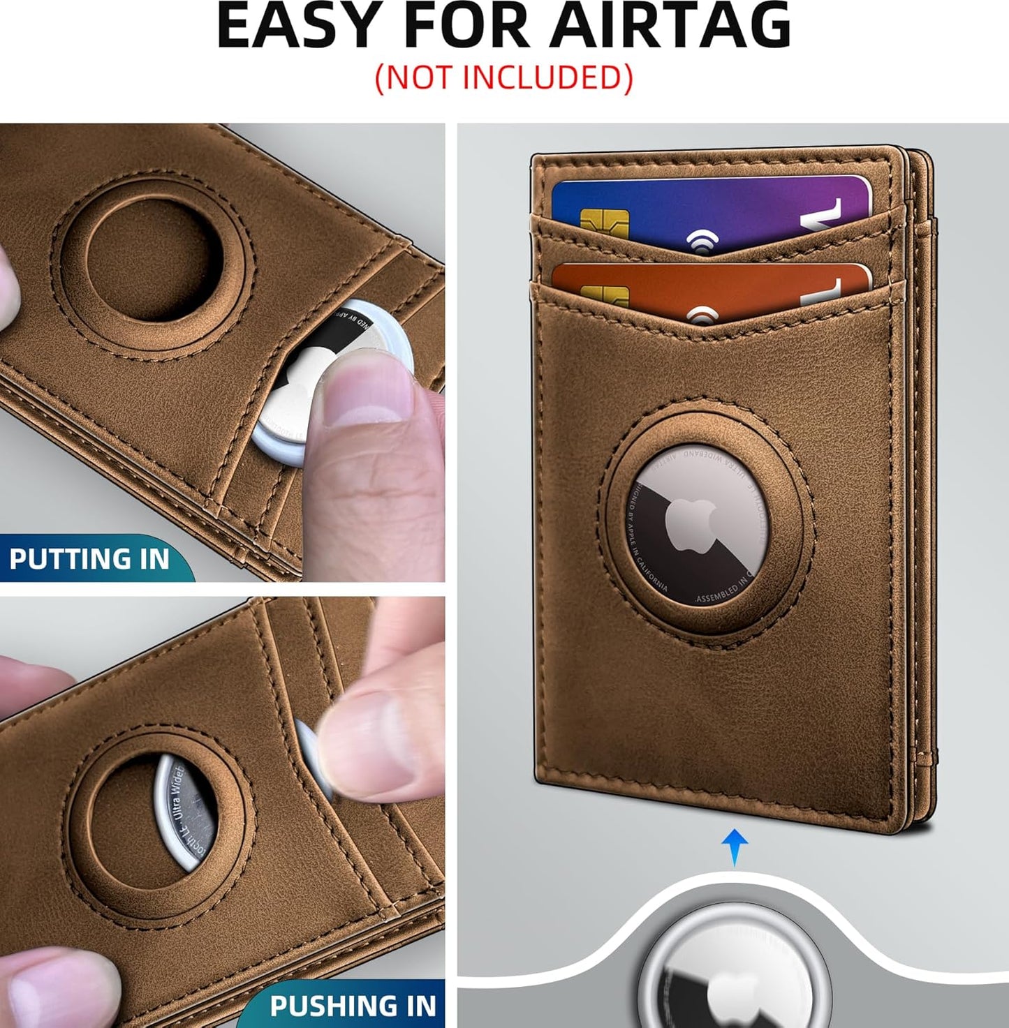 Airtag Wallet for Men- with Money Clip Gift Boxed, Magnetic Closure Slim Genuine Leather Front Pocket Wallet, 4.1"x 2.8", RFID Blocking