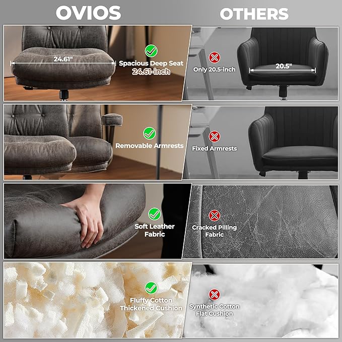 ovios Home Office Chair, Mid-Century Modern Faux PU Leather Chairs with Lumbar Support Comfy Thick Cushion, High Back Ergonomic Swivel Rolling Executive Armchair (Dark Grey, Suede Leather)