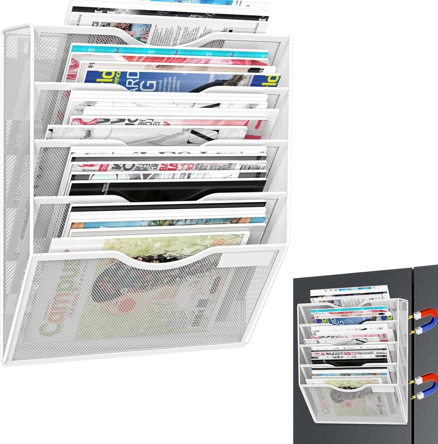 5-Tier Magnetic File Organizer, No Drilling Installation, White Magnetic Paper Holder, Magazine Rack for Refrigerator and File Cabinets