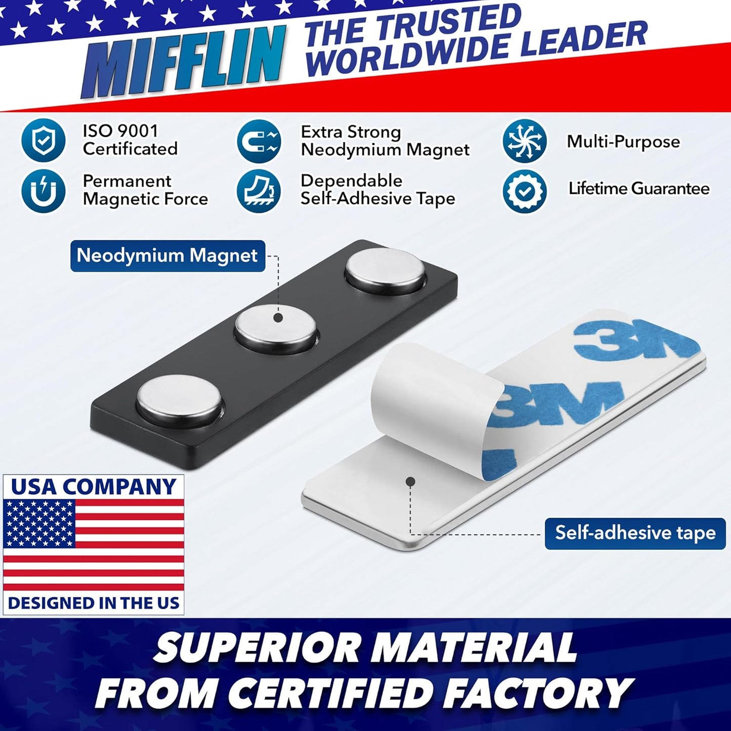Mifflin-USA Name Tag Magnets (100 Magnets, 1.75 x 0.5 inches), Name Tag Magnet Backs w/ 3 Extra-Strong Neodymium for ID Badge Holders