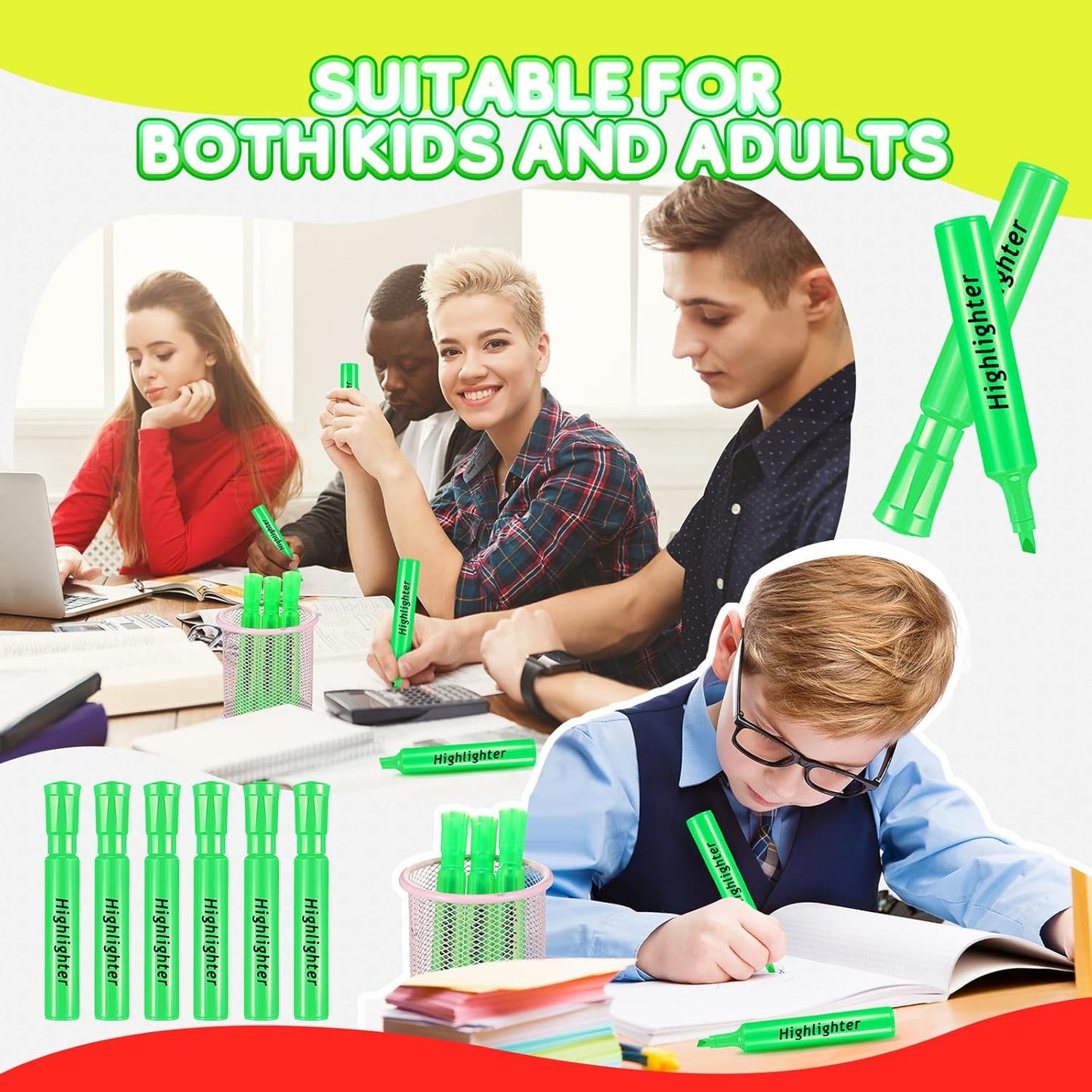 Qilery 24 Pack Tank Style Highlighters Chisel Tip Highlighters Bulk Colored Markers for Adult Coloring, Home Office Supplie(Green)