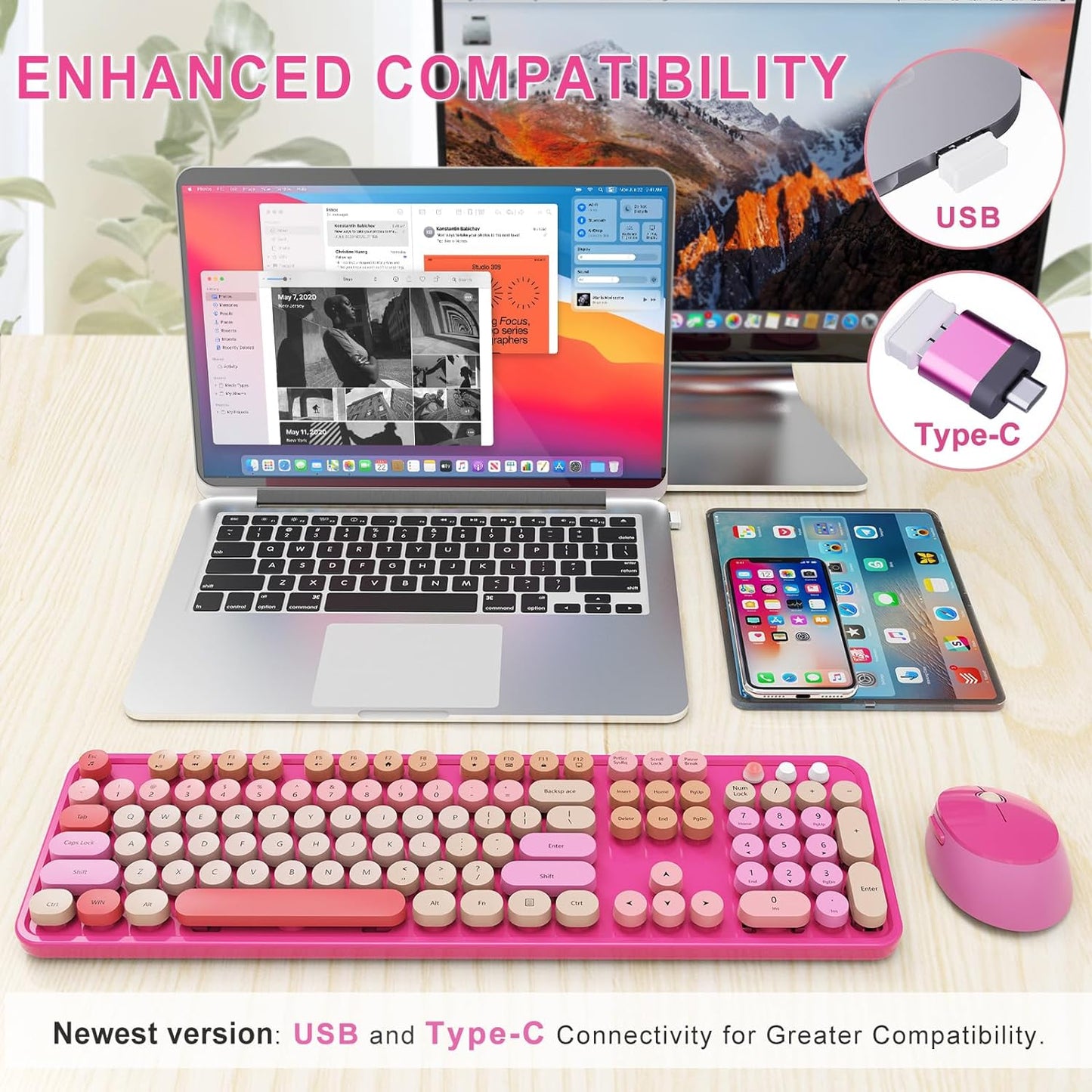 Wireless Keyboard and Mouse Combo, Ergonomic Full Size Typewriter Retro Round Keycaps Keyboard, Compatible with Windows, PC, Perfer for Home and Office Keyboards （Red）