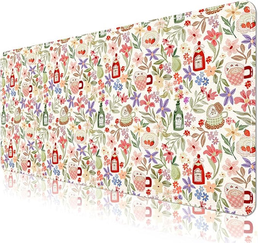 Botanical Floral Desk Pad Blotter,Large Mouse Pad 35 x 17in,PU Leather Desk Mat Writing Pad Protector, Non-Slip Waterprrof,Desktop Decor for Home Office Women Girls (Spring Blossoms)