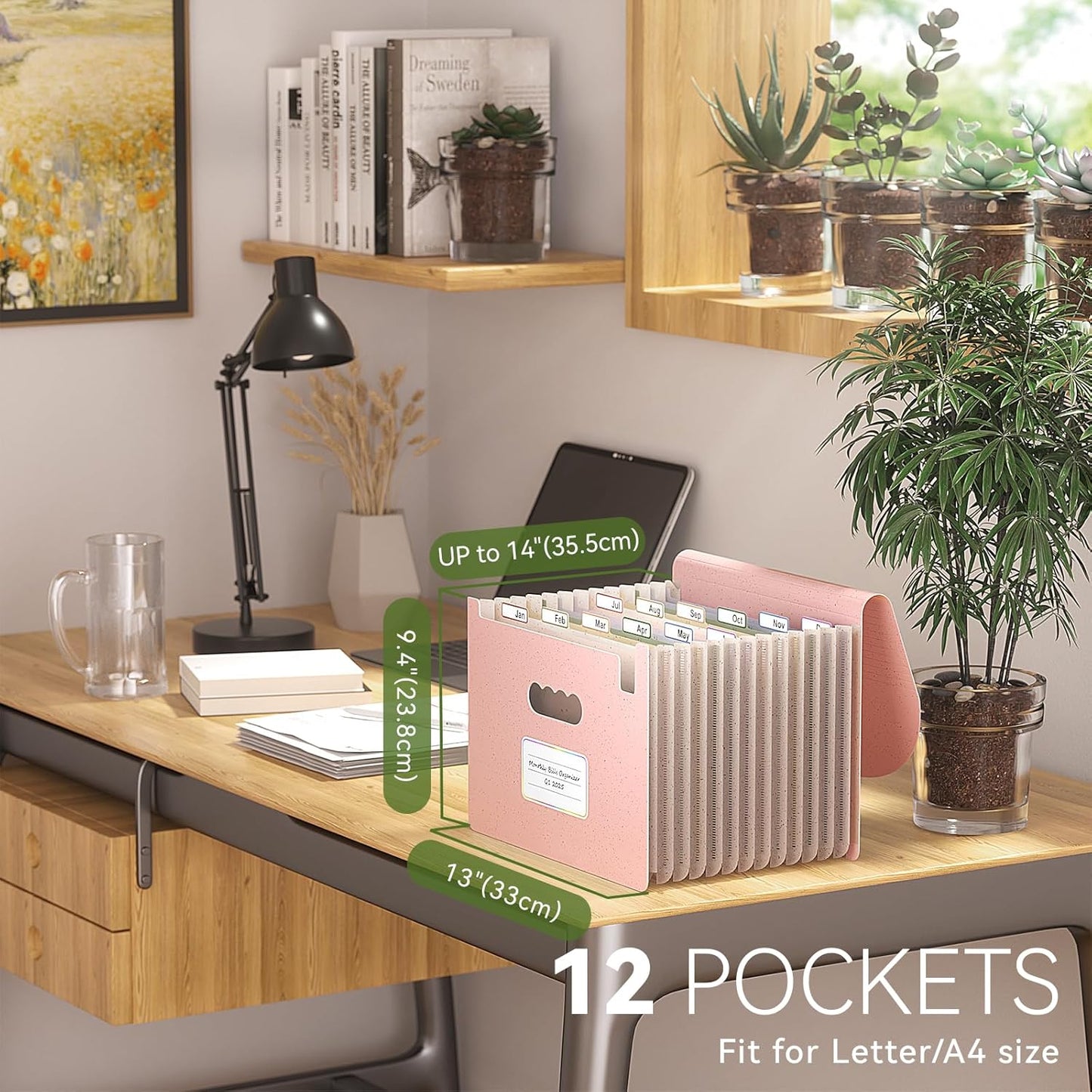 Accordion File Organizer, 13 Pockets Wheat Straw Expanding File Folder, Portable Monthly Paper Bill Tax Receipt Organizer, Letter A4 Size Document Holder with Colorful Tab - Strawberry Pink