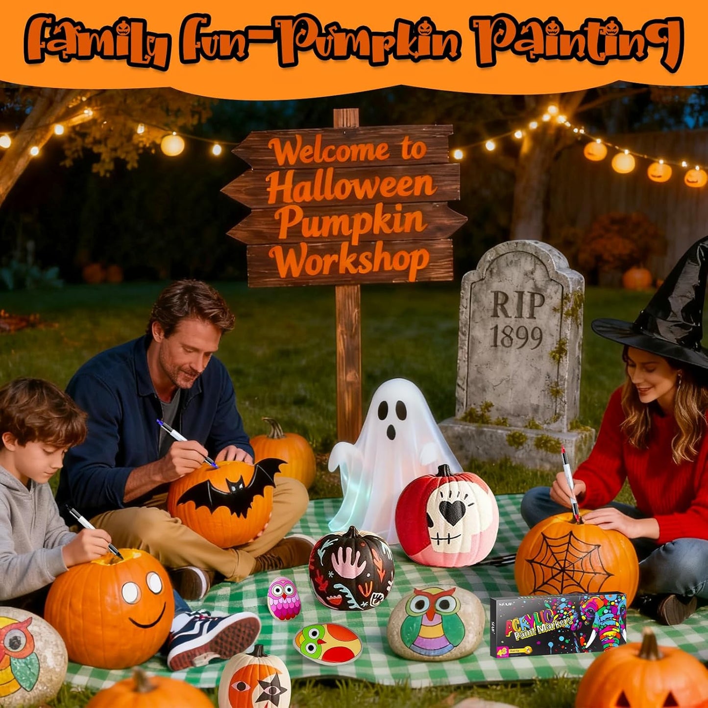 SFAIH Pumpkin Acrylic Markers, 12 Colors Halloween Decor Paint Pens for Pumpkin Decorating, Costume Making, Dual Tips (1-6mm Brush & 0.5-4mm Chisel) for Glass, Ceramic, fabric, Waterproof & Quick-Dry