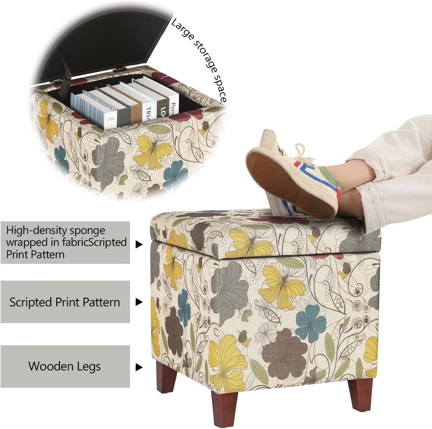 Adeco 18 Inch High Cube Ottoman Storage, Floral Printed Linen Chair Foot Stools, Upholstered Vanity Stool with Hinged Lid, Solid Wood Legs