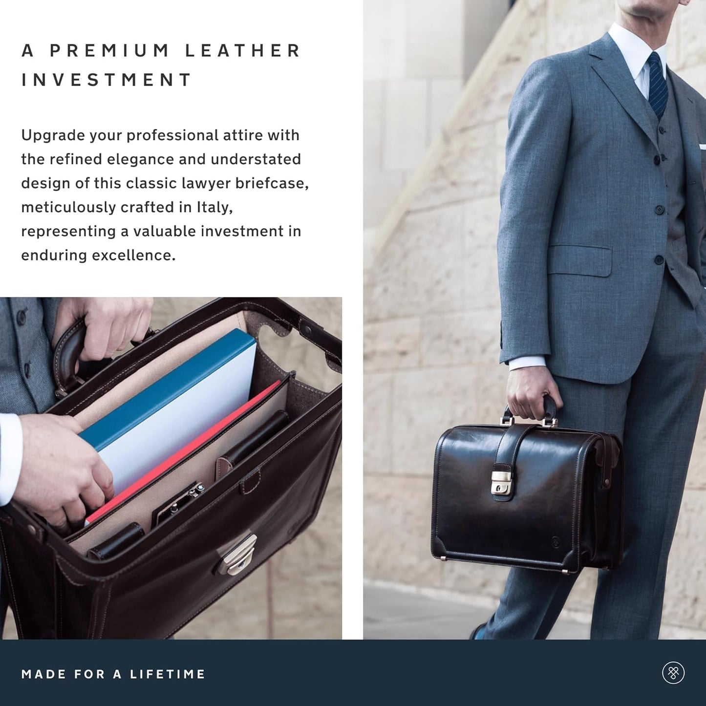 Maxwell Scott - Mens Luxury Leather Executive Lawyer Briefcase - 2 Section Top Handle - Handmade in Italy - The Basilio