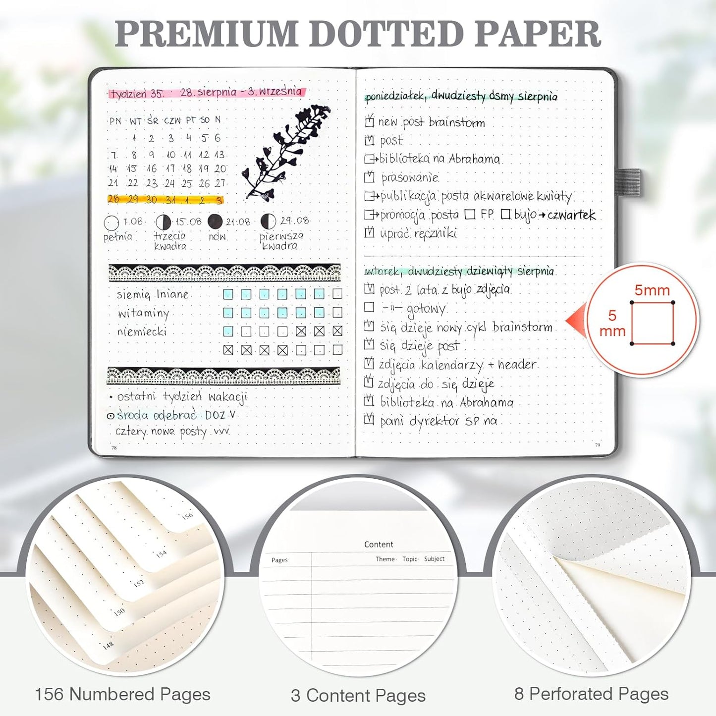 Bullet Dotted Journal Notebook 3 Pack, A5 Dotted Journal with 120gsm Paper, Leather Dotted Notebook, Hardcover Dot Grid Notebook Each with 156 Nmubered Pages, Dot Journal for Women, Men 5.75" × 8.38"