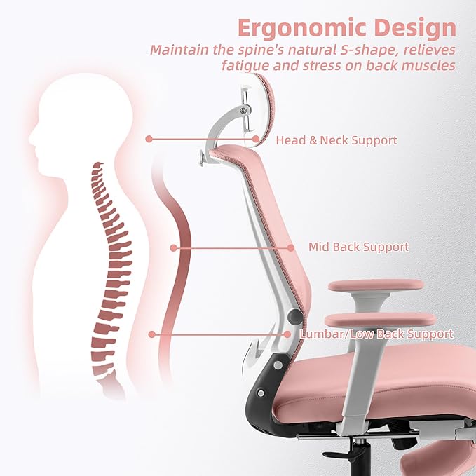 Foldable Office Chair with Foot Rest, Ergonomic Office Chair with Adjustable Lumbar Support, Headrest, Armrest, Home Office Desk Chair for Space Saving, Work from Home, Pink