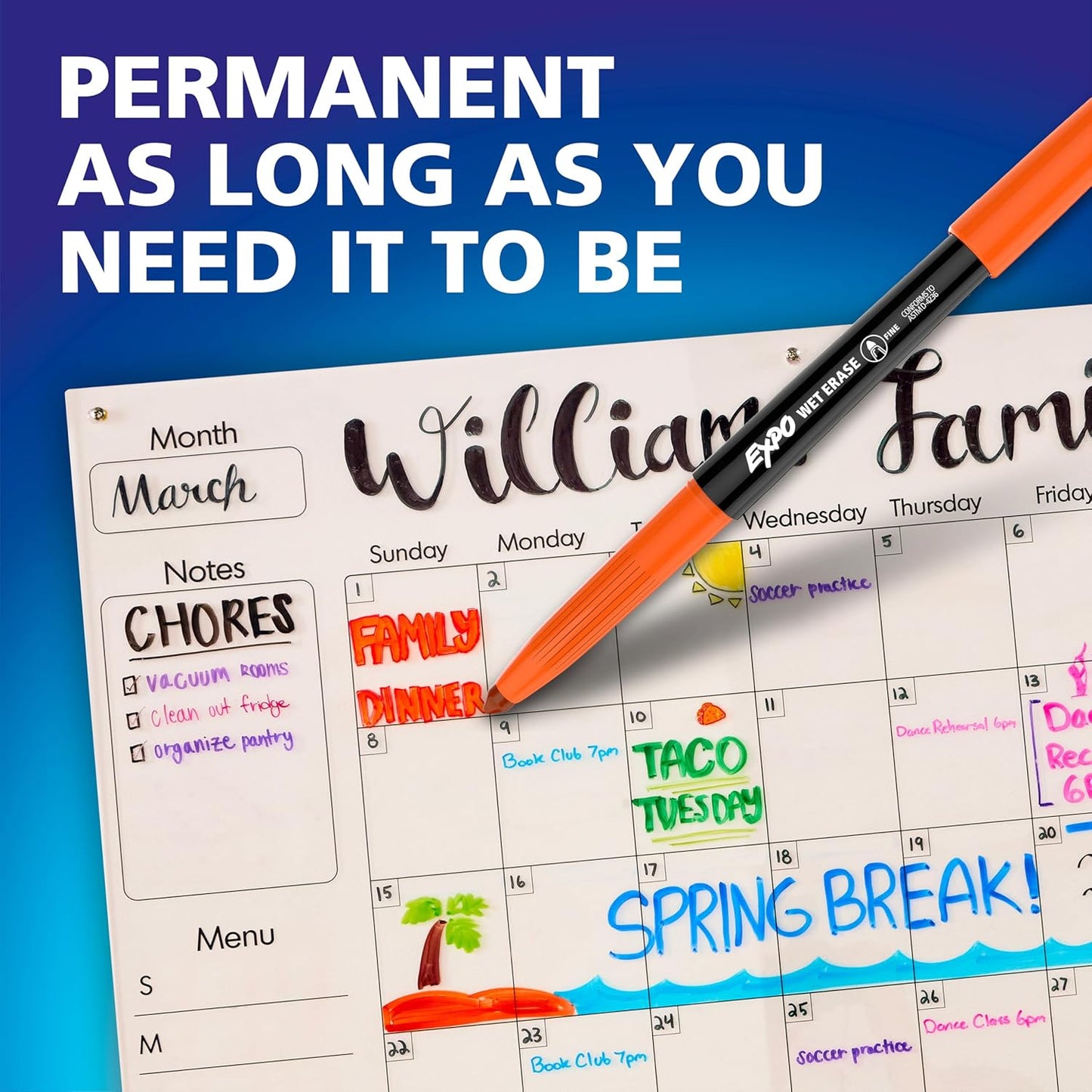 EXPO Wet Erase Markers, Semi-Permanent Markers, Blue, Fine Tip, 12 Count