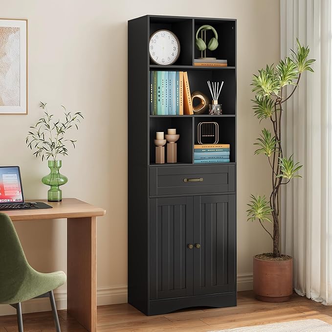 Gizoon 71'' Tall Storage Cabinet, Kitchen Pantry Cabinet with Doors & Drawers, Wooden Storage Organizer for Living Room, Office, Kitchen, with Adjustable Shelves, Anti-tip, Metal Handle, Black