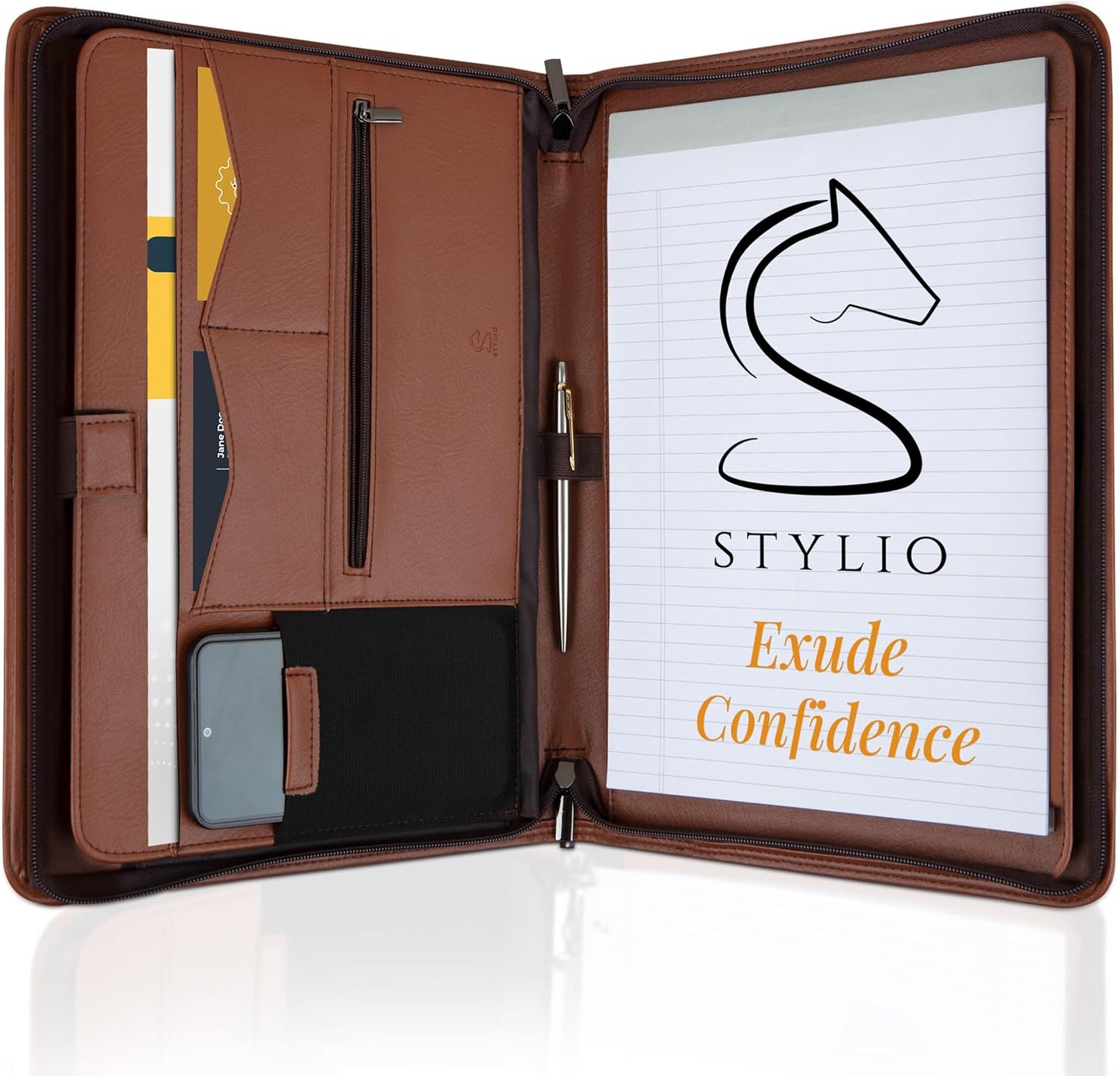 STYLIO Zipper Padfolio Portfolio Binder Organizer (Tan Color) | Faux Leather Portfolio for Resume, Documents, Phone, Tablet, Business Supplies and Cards | Letter Sized Notepad Included | Brown