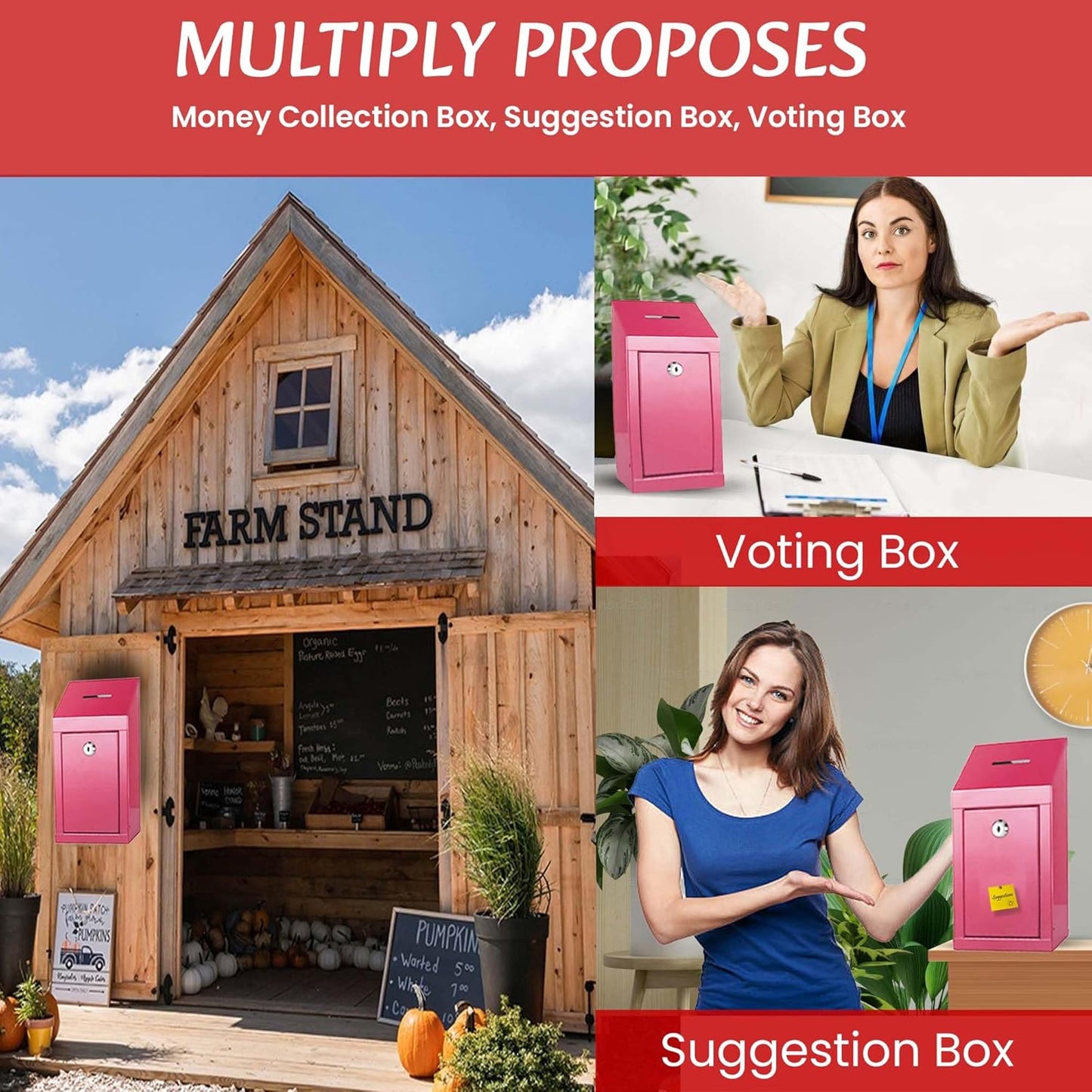 Metal Donation Box-Suggestion Box with Slot and lock-Cash Lock box for Money-Secure Drop Box-Comment and ballot voting box-comes with pre-drilled holes for easy wall mounting 10 X 6 X 2.5"(Pink)