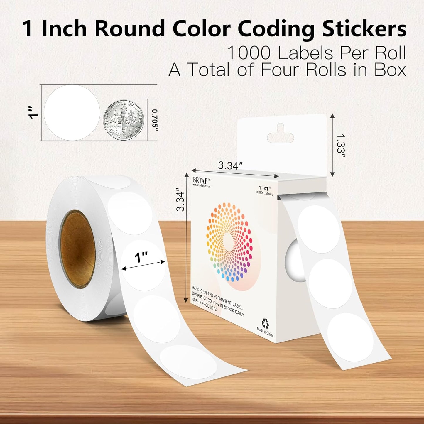White 1 Inch Round Color Coding Labels with 4000 Dots, 4 Rolls - Bright Color Dot Stickers for File Folders, Inventory System - Highly Visible