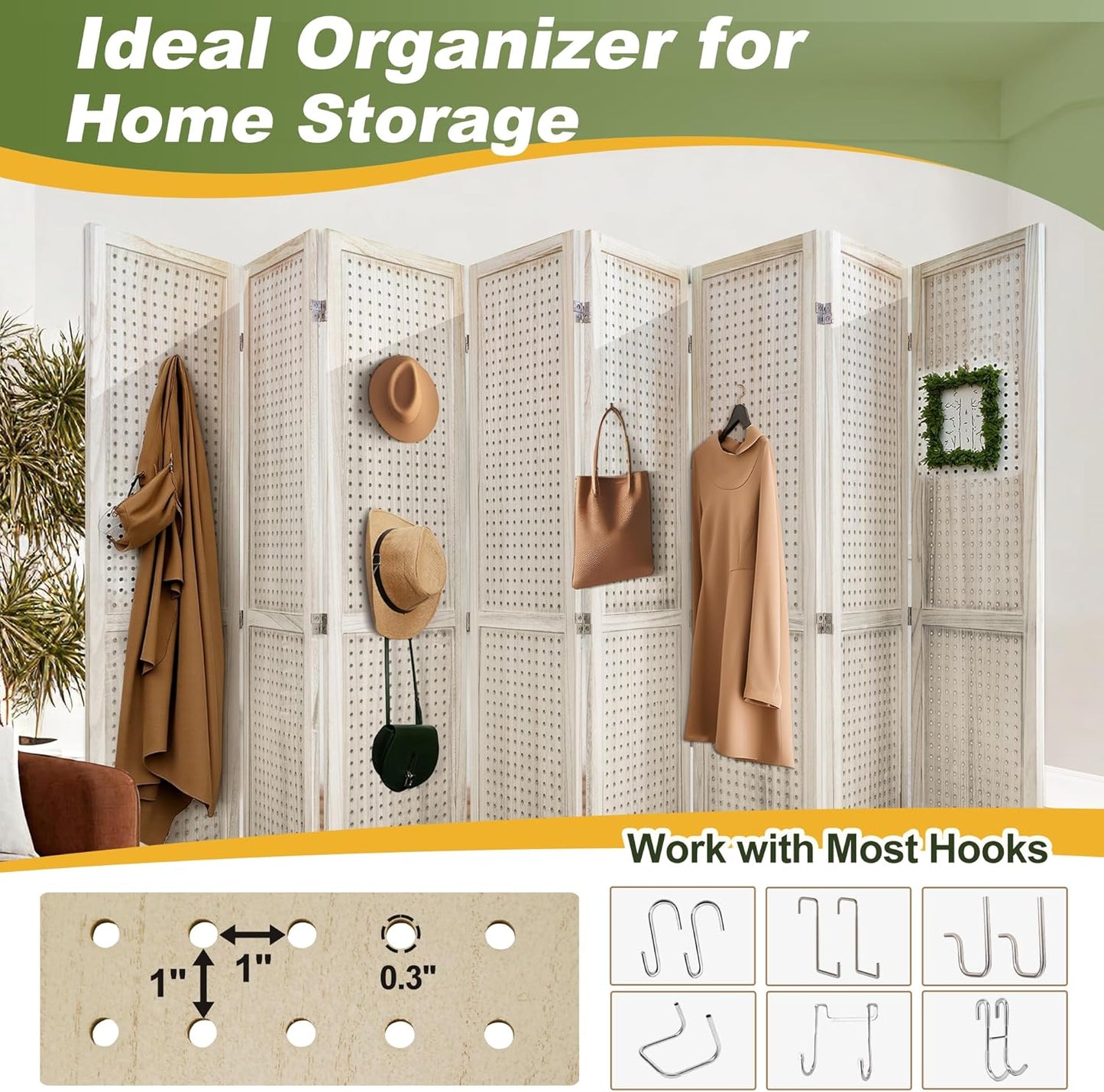 NicBex 8 Panel Pegboard Display,5.6FT Wood PegBoard Room Dividers,Folding Privacy Screens Portable Freestanding Display Board for Craft/Art Shows,Room Separation,Natural Wood