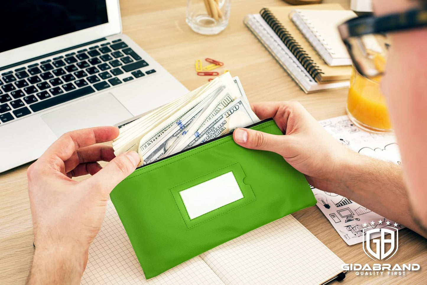 Money Bank Deposit Bag with Zipper | 11x6 inch | Light Green | Durable Leatherette Money Cash Coin Check Wallet Pouch for Men & Women with Framed ID Window and Blank Card | by GIDABRAND (7)