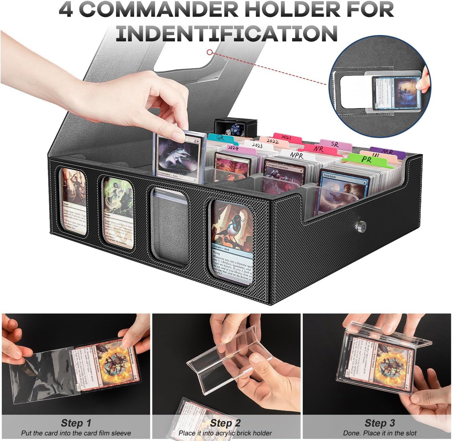 3200+ Trading Card Storage Box with Commander Display, 4 Row Card Deck Box with Portable Handle, Compatible for TCG/MTG/Magic Cards, 30 Colorful Divider, 8 Supporters, US Design Patent (Black&Grey)