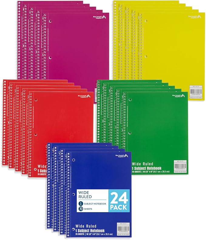 Blue Summit Wide Ruled Spiral Notebooks Bulk, 1 Subject Spiral Notebook Wide Ruled, Paper School Bulk Notebooks, 24 Pack