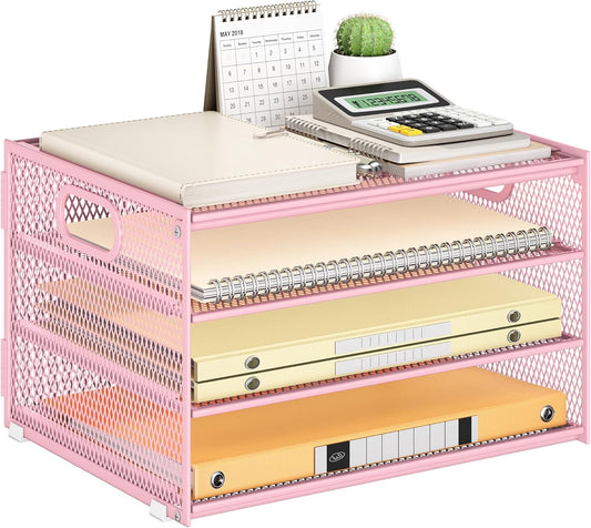 Subekyu Paper Letter Tray Organizer for Desk, Pink Metal Mesh Desk File Sorter Organizer with Handle and 2 Sliding Trays for Home Office School Supplies Organization